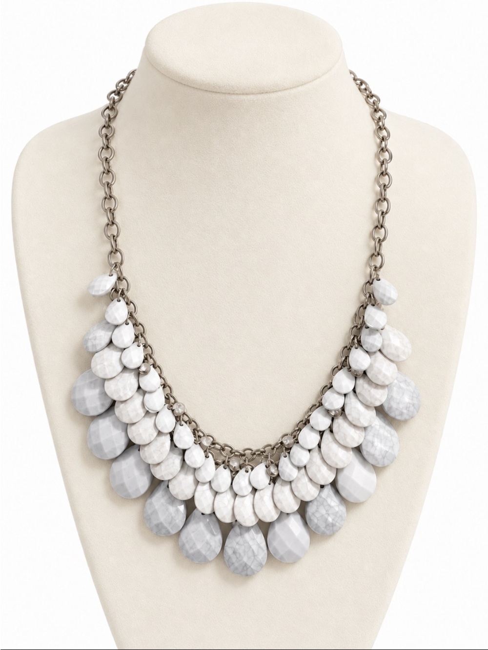 White & Gray Teardrop Bib Statement Necklace